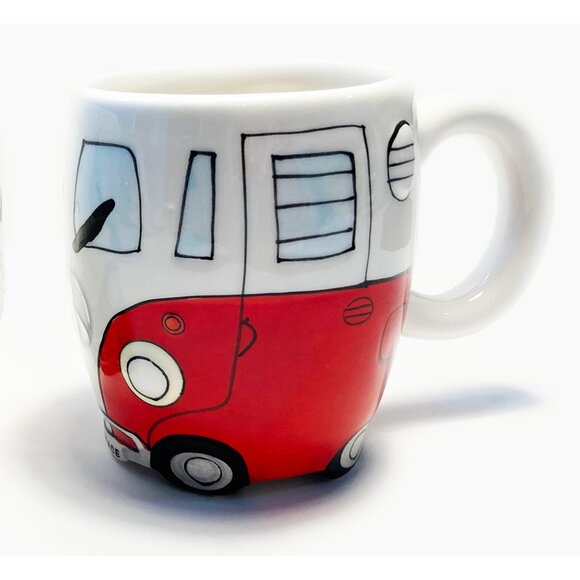 NEW 16 oz Red Retro Hand Painted Hippie Camper Peace Van Ceramic Porcelain Mug - Picture 4 of 10